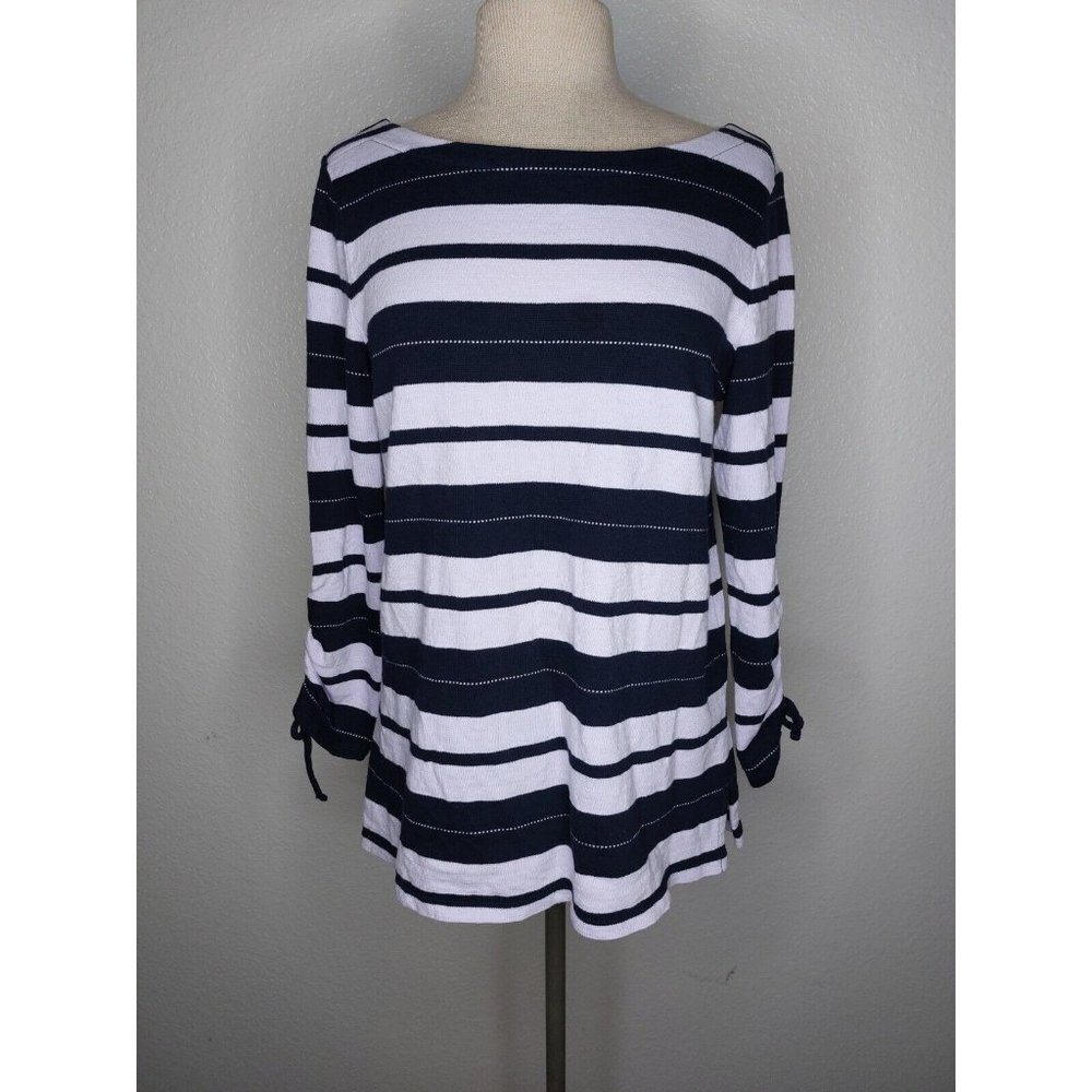 Talbots Womens Sweater Medium 3/4 Drawstring Sleeves Lavender Black Stripe